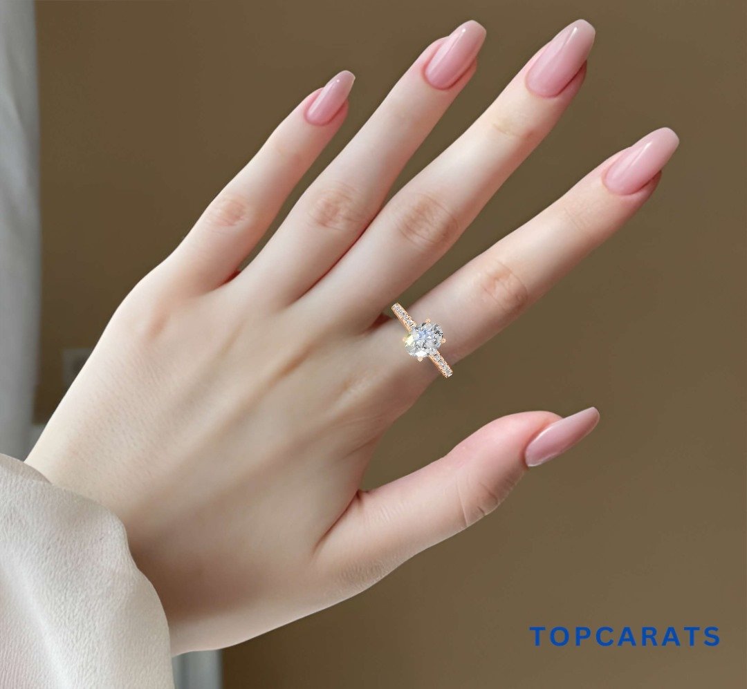Elegant Oval-Cut Moissanite Engagement Ring – 18K Rose Gold Pavé Band