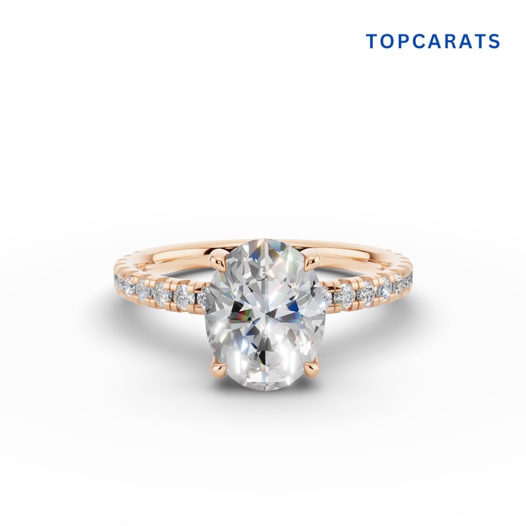 Elegant Oval-Cut Moissanite Engagement Ring – 18K Rose Gold Pavé Band